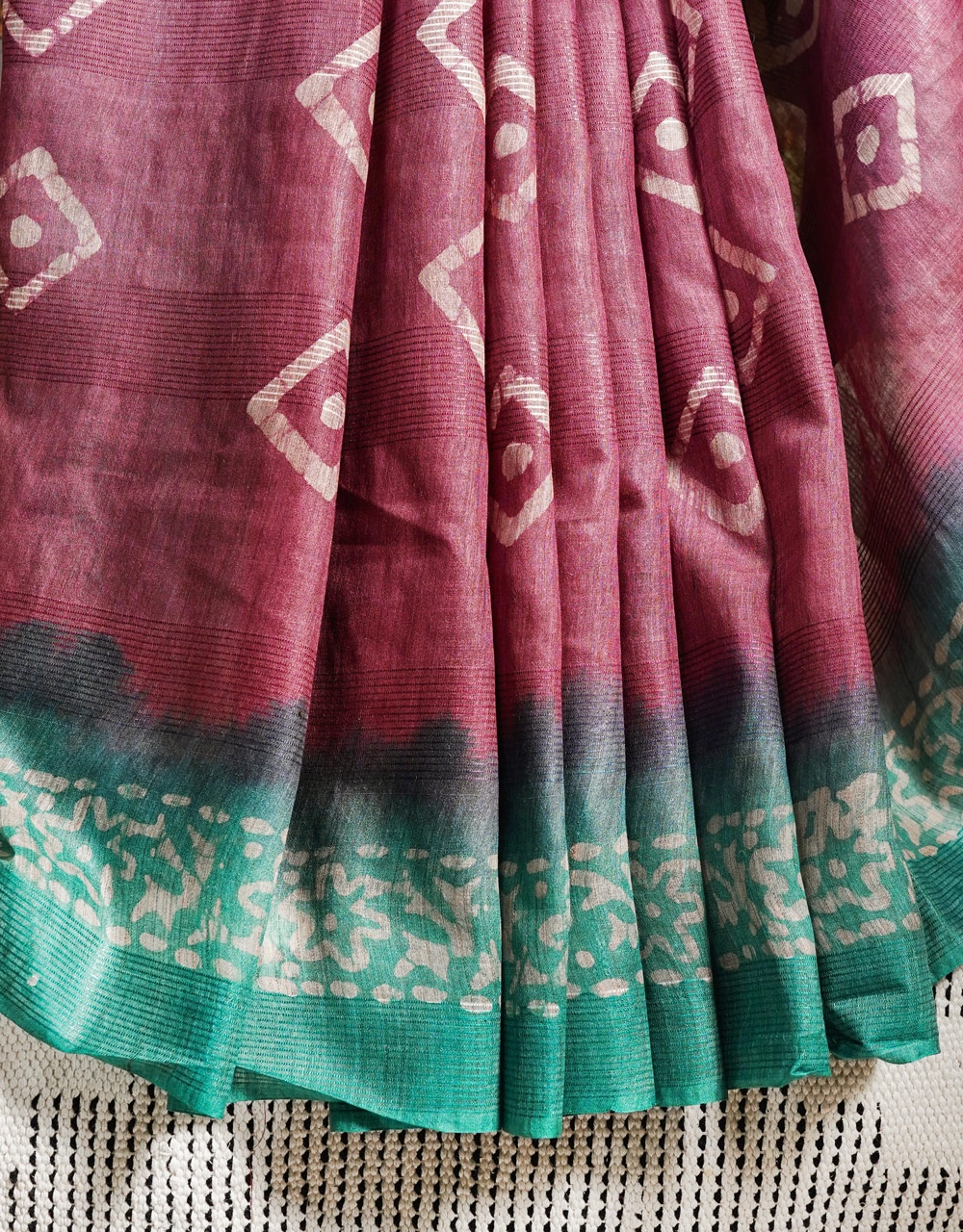 Maroon And Aqua Bhagalpuri Cotton Silk Saree - View 5
