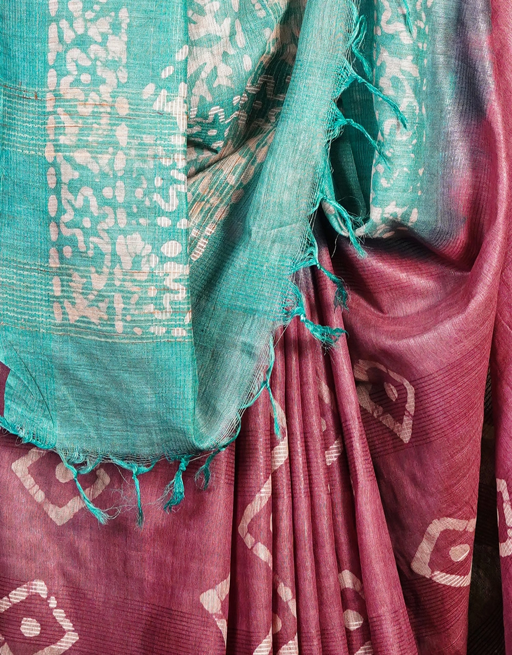 Maroon And Aqua Bhagalpuri Cotton Silk Saree - View 4