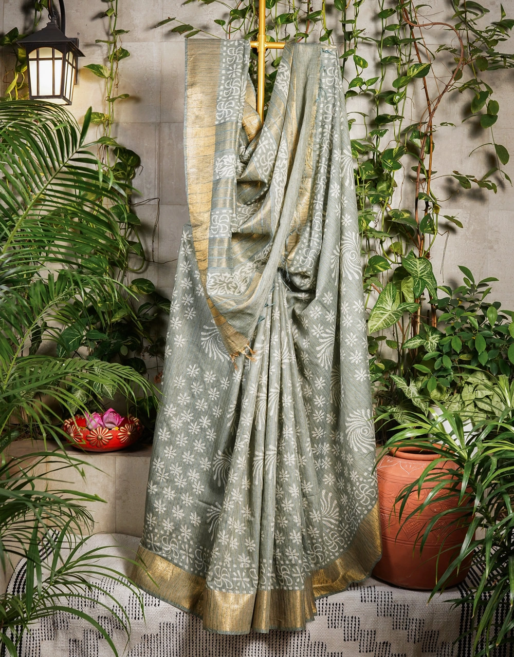 Grey Cotton Silk Saree With Floral Buti Block Print