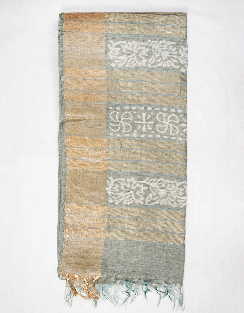 Hovered view of Grey Cotton Silk Saree With Floral Buti Block Print