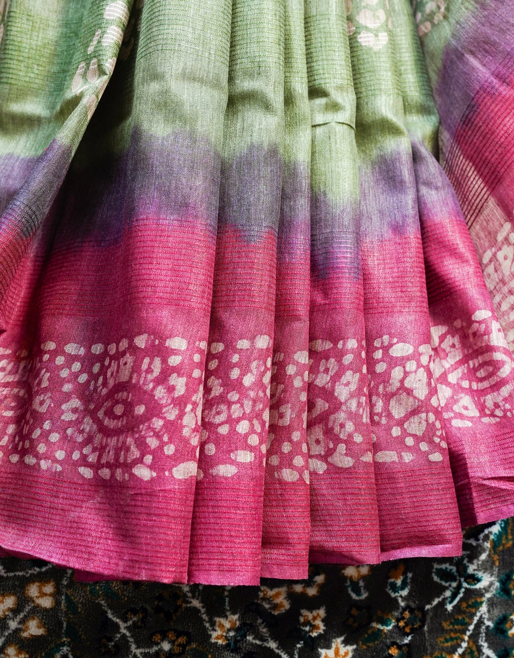 Green And Rani Pink Ikat Cotton Silk Saree - View 5
