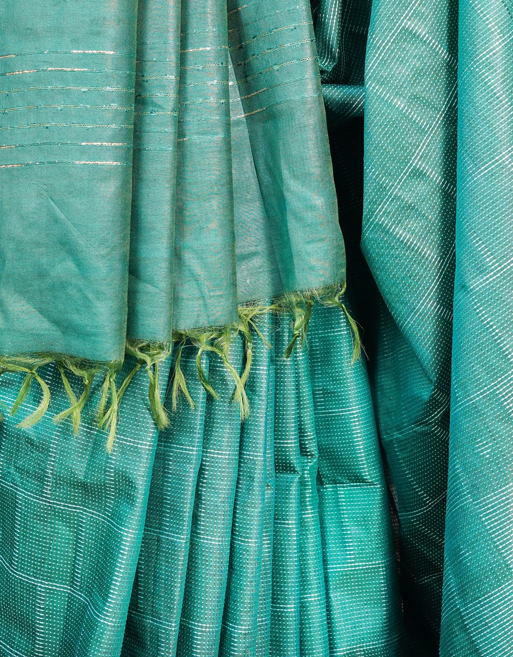 Green Bhagalpur Cotton Silk Saree With Micro Check Weave - View 4