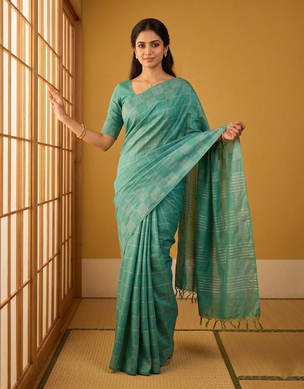 Green Bhagalpur Cotton Silk Saree With Micro Check Weave