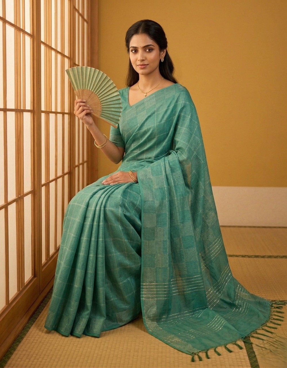 Hovered view of Green Bhagalpur Cotton Silk Saree With Micro Check Weave