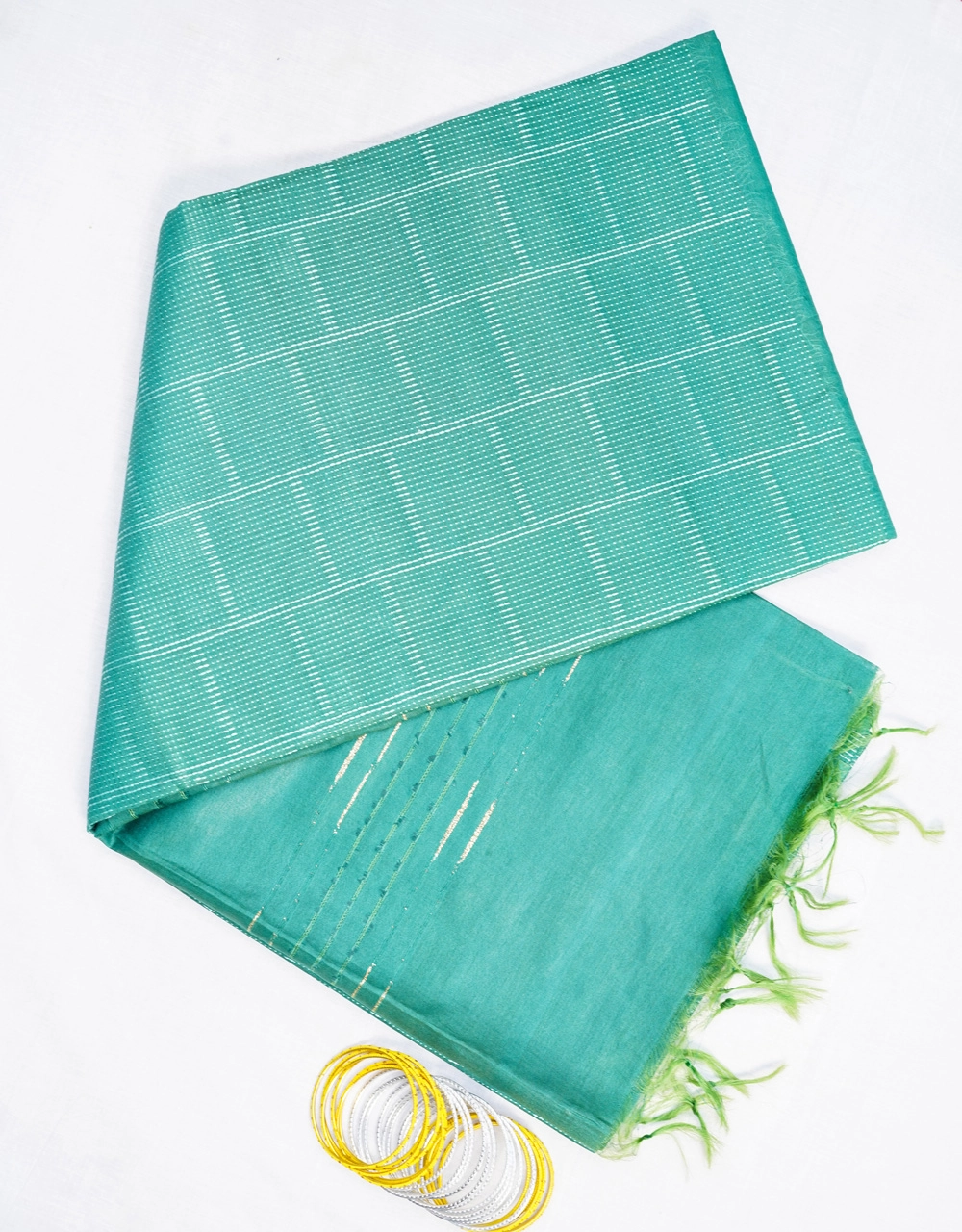 Hovered view of Green Bhagalpur Cotton Silk Saree With Micro Check Weave