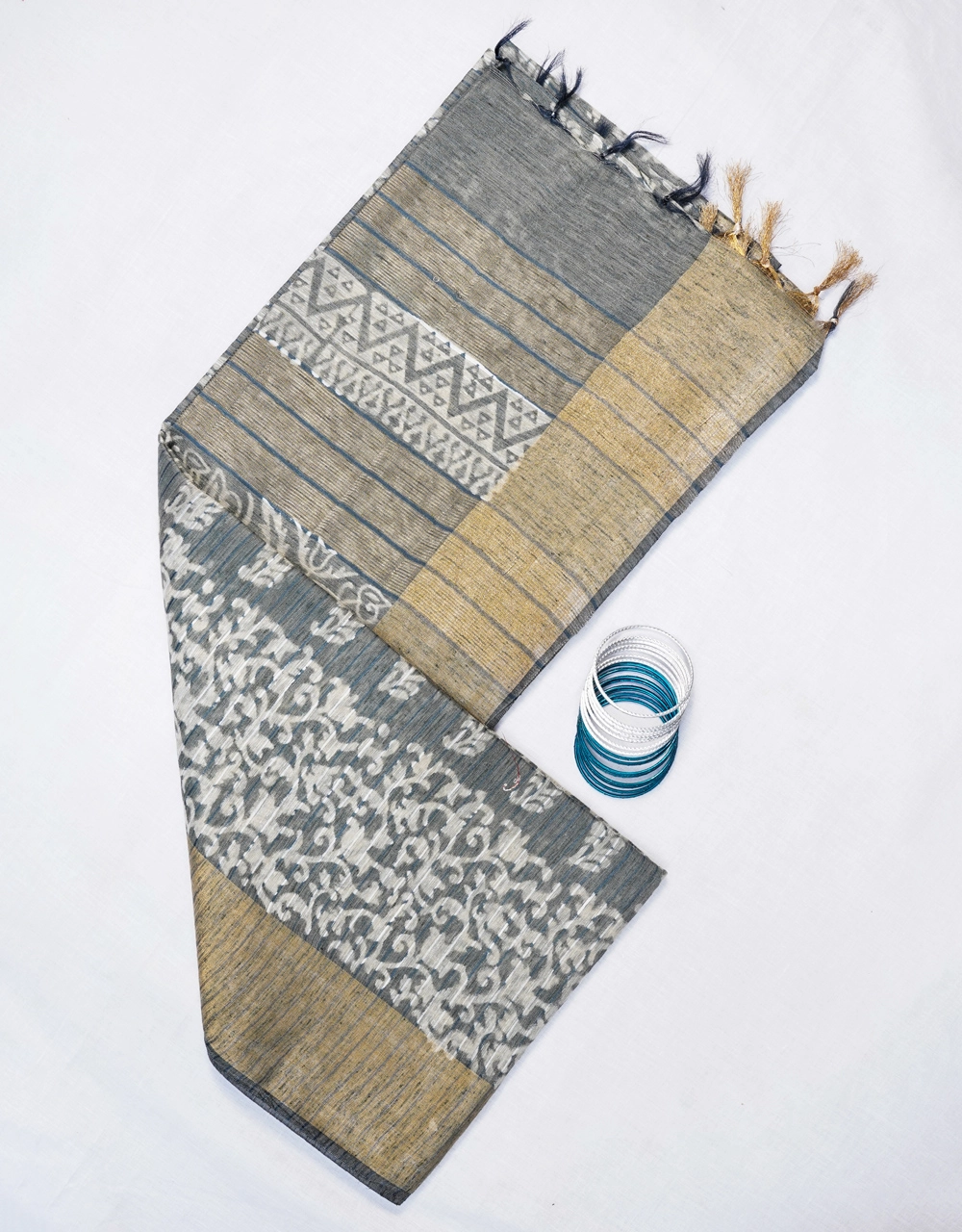 Hovered view of Grey And Gold Bhagalpuri Cotton Silk Saree