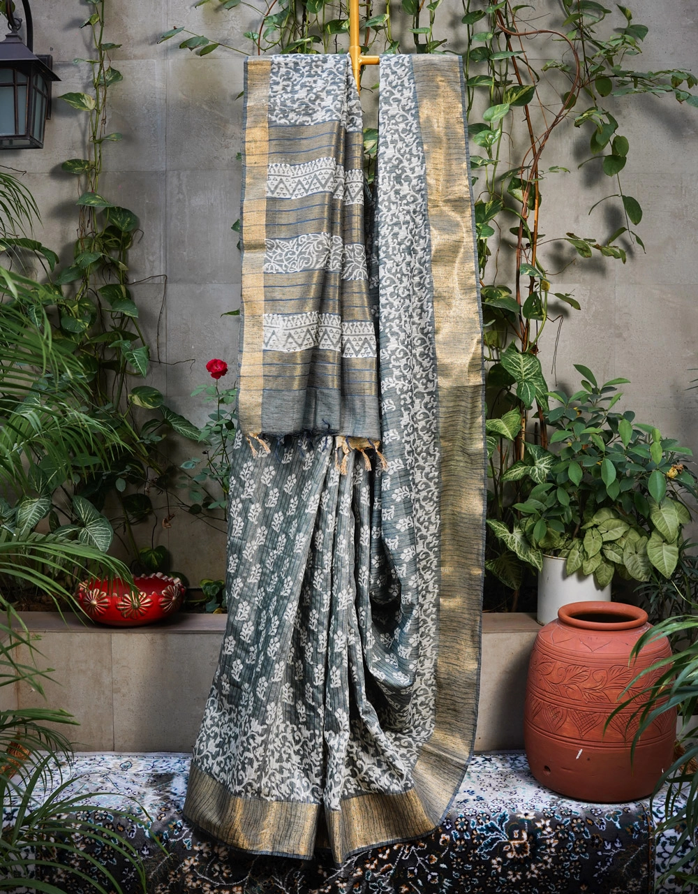 Grey And Gold Bhagalpuri Cotton Silk Saree