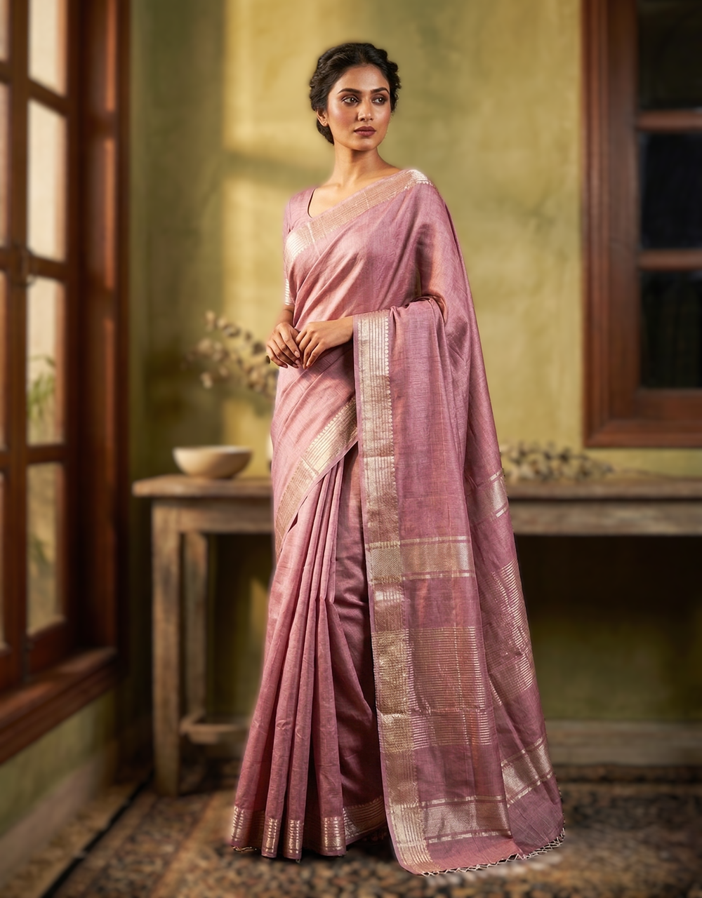 Pink Rose Handwoven Bhagalpur Cotton Silk Saree