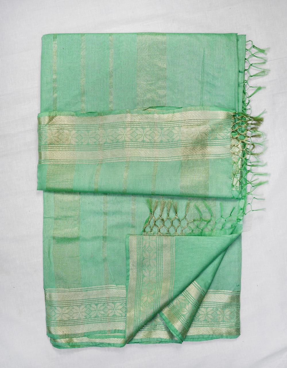 Green Bhagalpuri Cotton Silk Saree With Striped Pallu - View 3