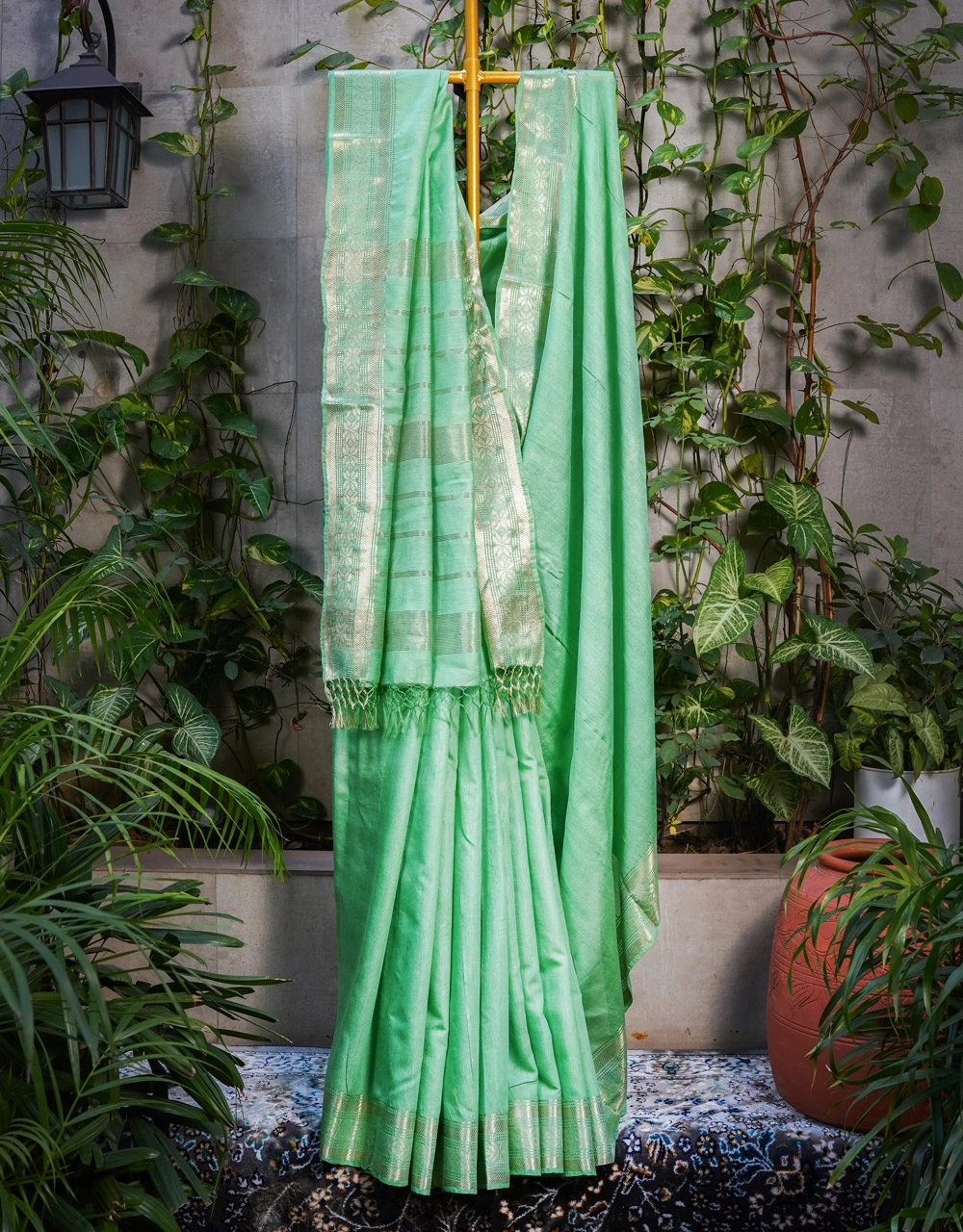 Green Bhagalpuri Cotton Silk Saree With Striped Pallu