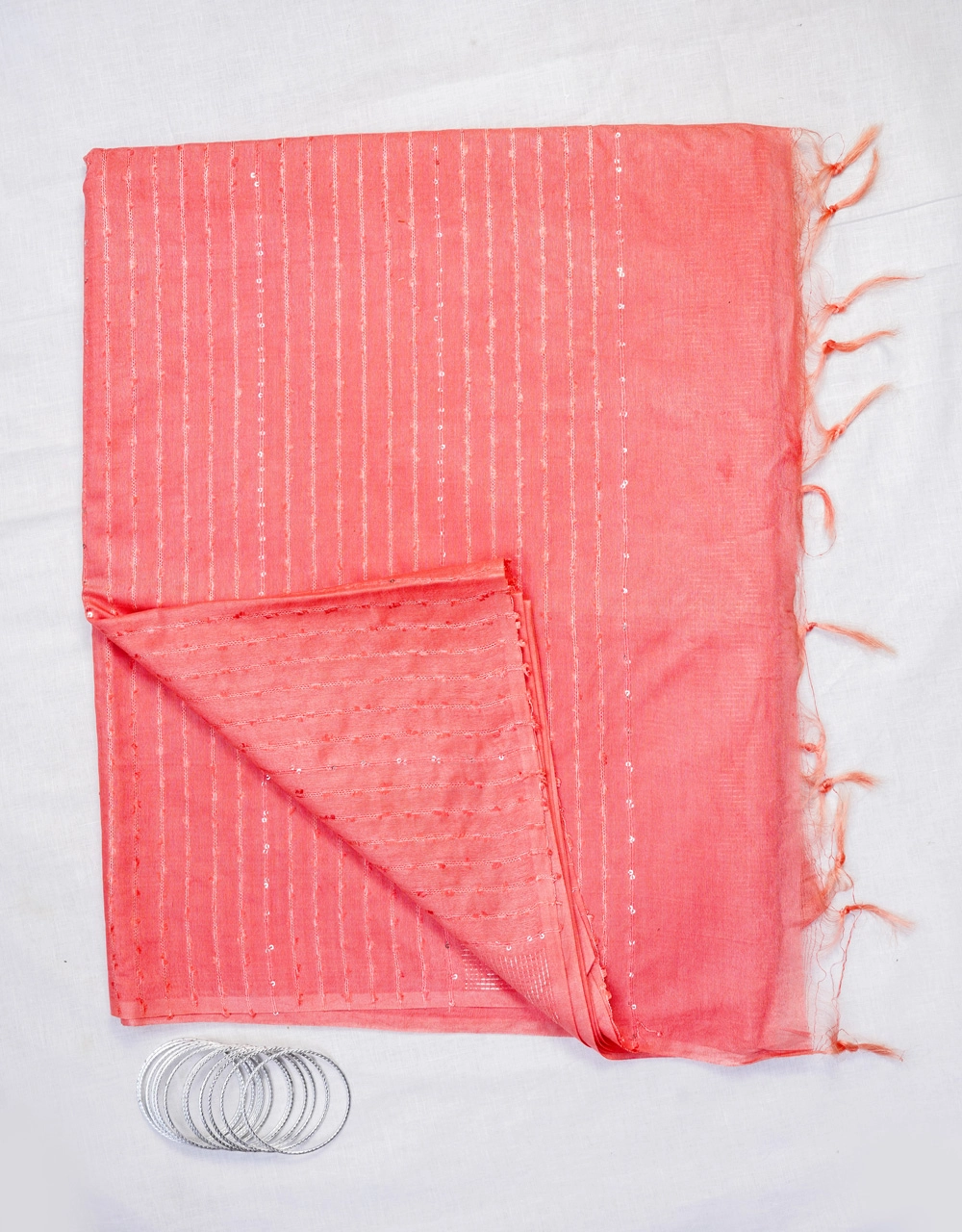 Hovered view of Coral Pink Bhagalpur Cotton Silk Saree With Subtle Sequin Work
