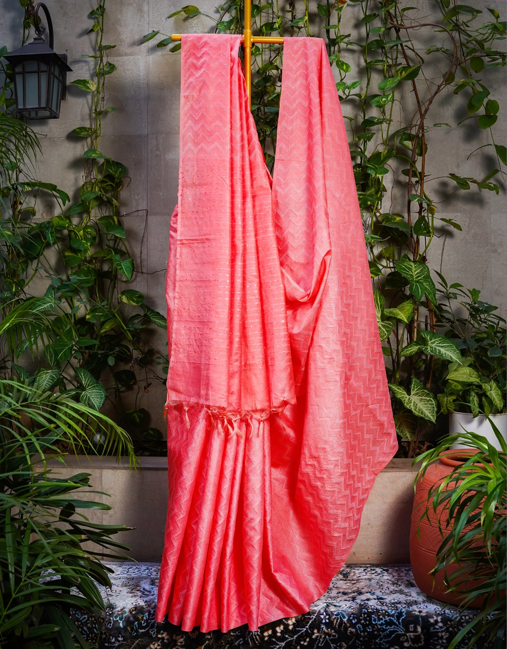 Coral Pink Bhagalpur Cotton Silk Saree With Subtle Sequin Work