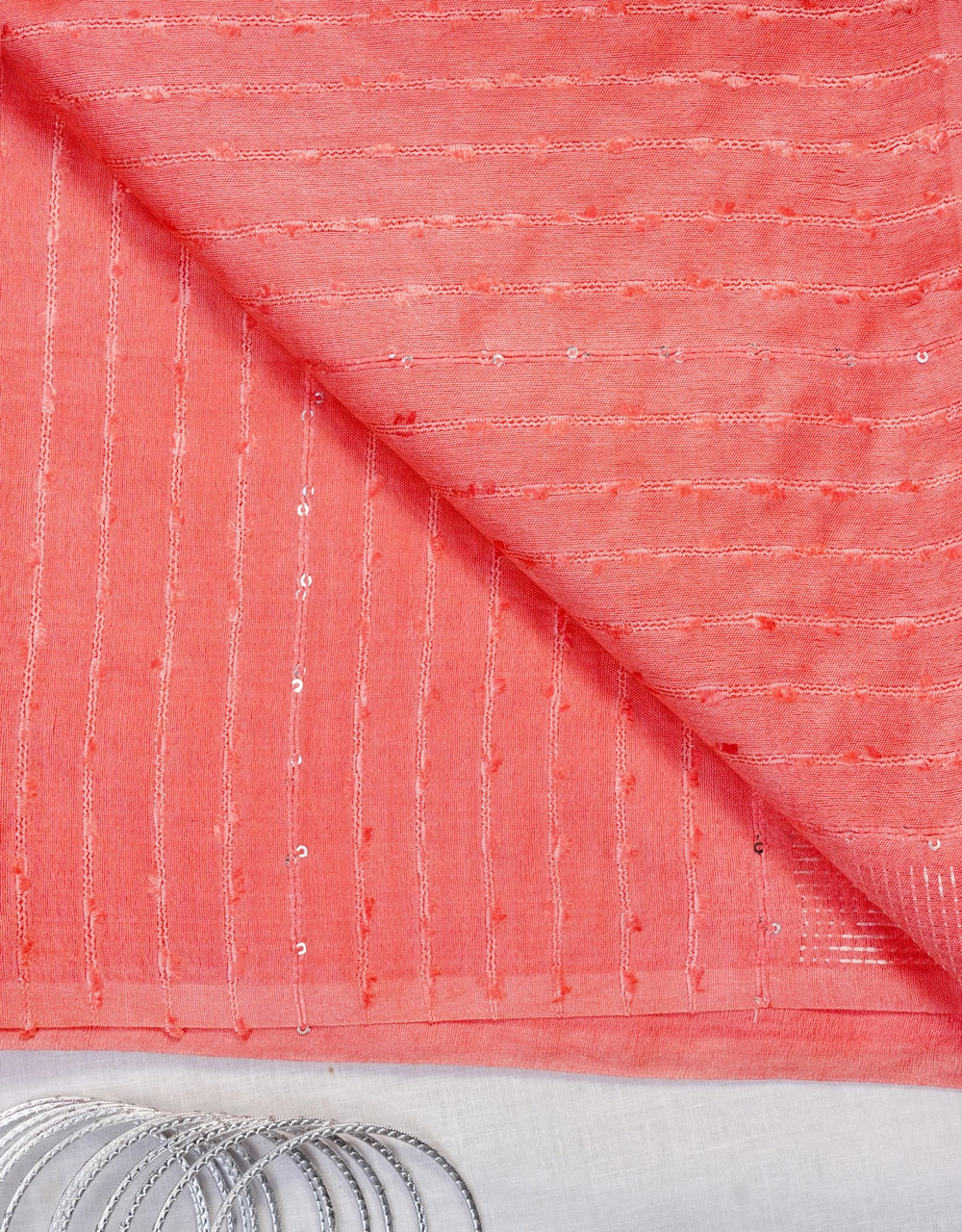 Coral Pink Bhagalpur Cotton Silk Saree With Subtle Sequin Work - View 3