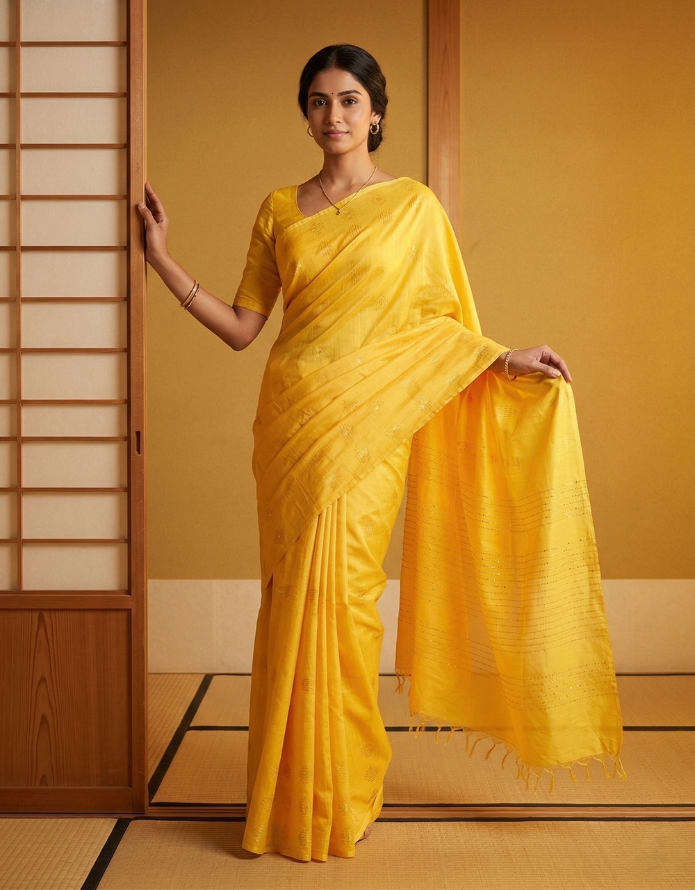 Hovered view of Yellow Cotton Silk Saree From Bhagalpur With Geometric Motifs