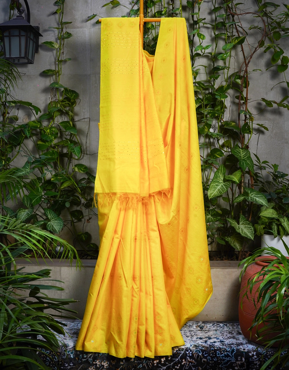 Yellow Cotton Silk Saree From Bhagalpur With Geometric Motifs