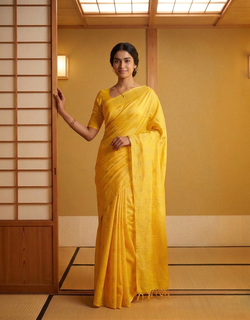 Yellow Cotton Silk Saree From Bhagalpur With Geometric Motifs