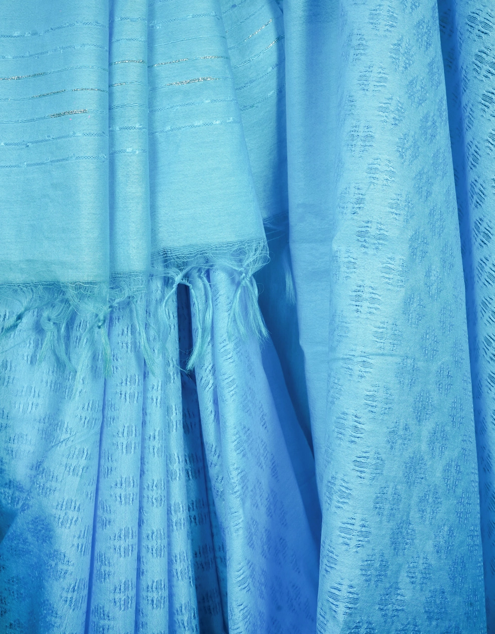 Light Blue Cotton Silk Bhagalpur Saree With Silver Sequin Pallu Ad Jacquard Body - View 4