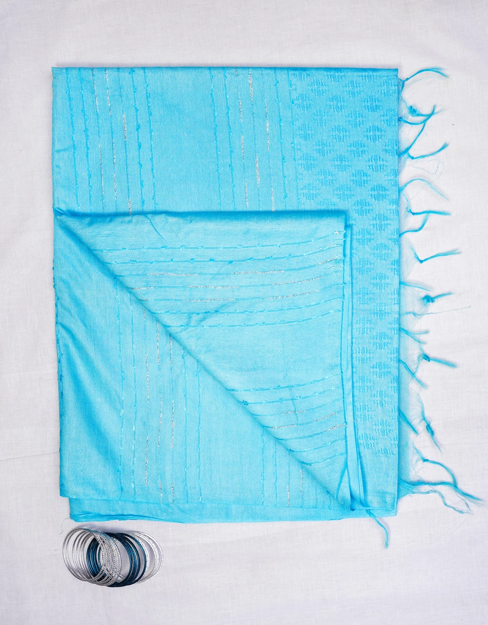Hovered view of Light Blue Cotton Silk Bhagalpur Saree With Silver Sequin Pallu Ad Jacquard Body