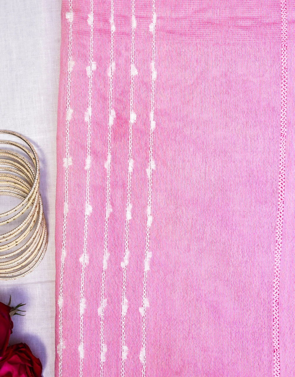 Pink Cotton Silk Bhagalpur Saree With White Thread Pallu And Geometric Woven Border - View 3