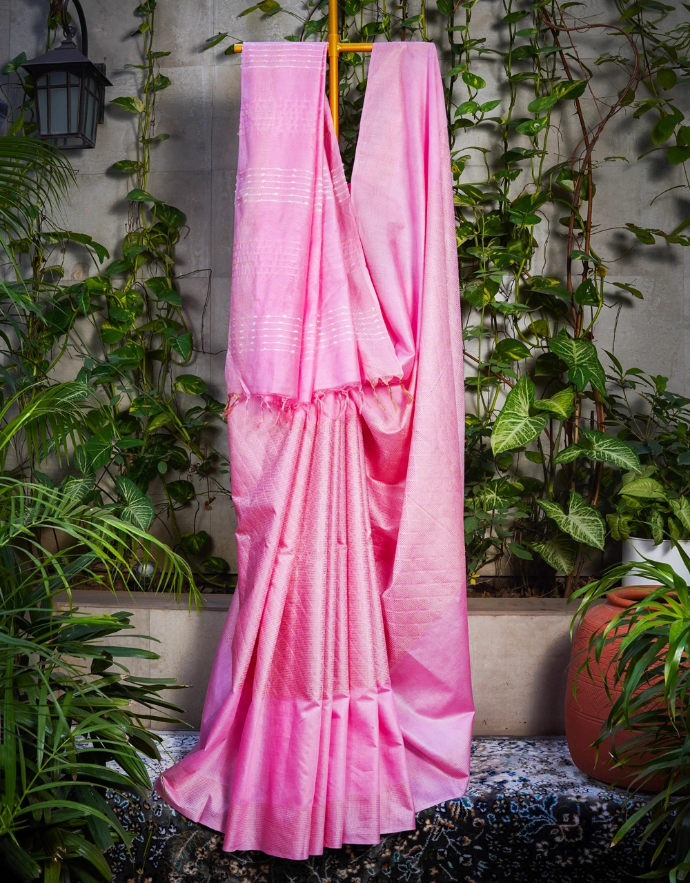Pink Cotton Silk Bhagalpur Saree With White Thread Pallu And Geometric Woven Border
