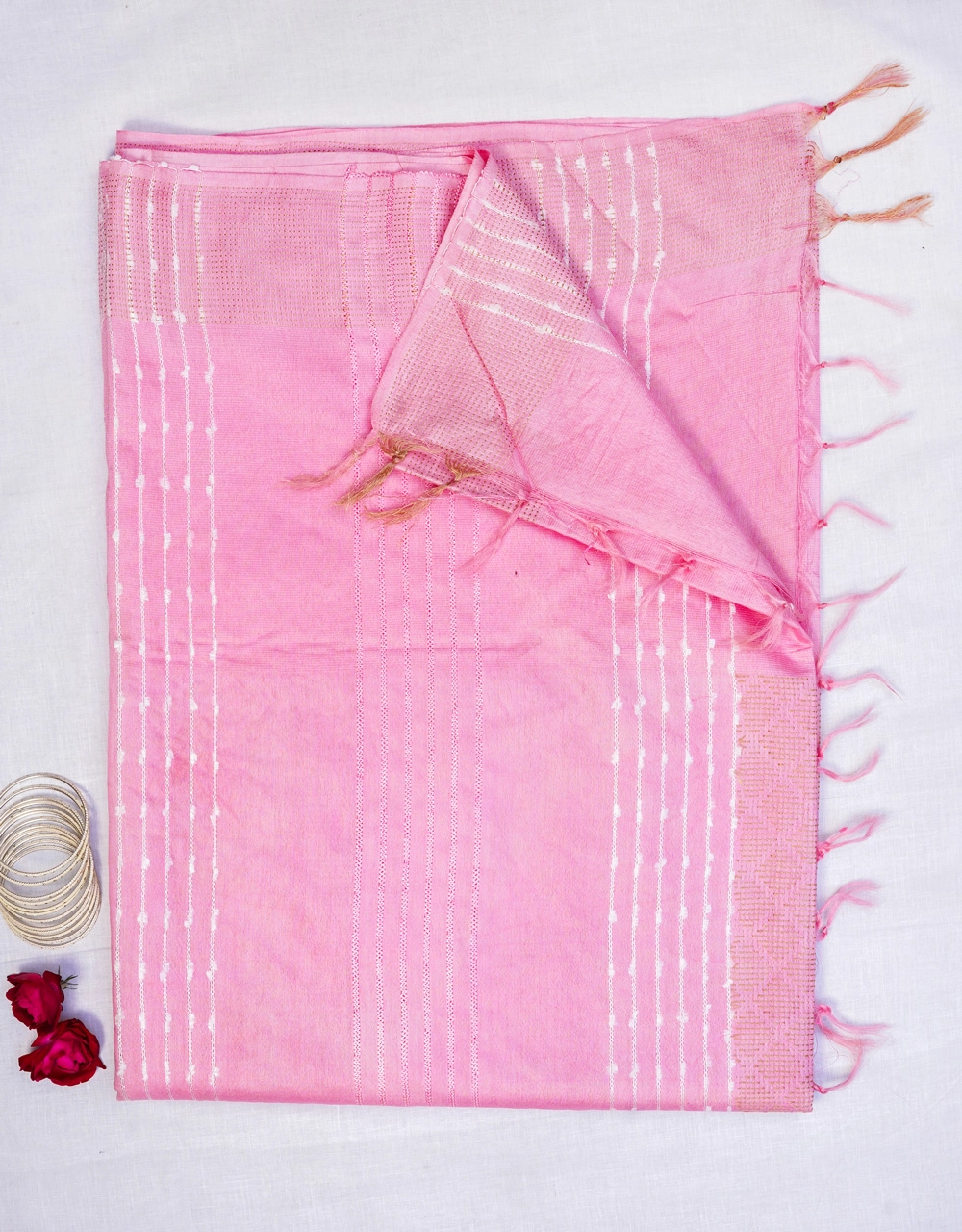 Hovered view of Pink Cotton Silk Bhagalpur Saree With White Thread Pallu And Geometric Woven Border