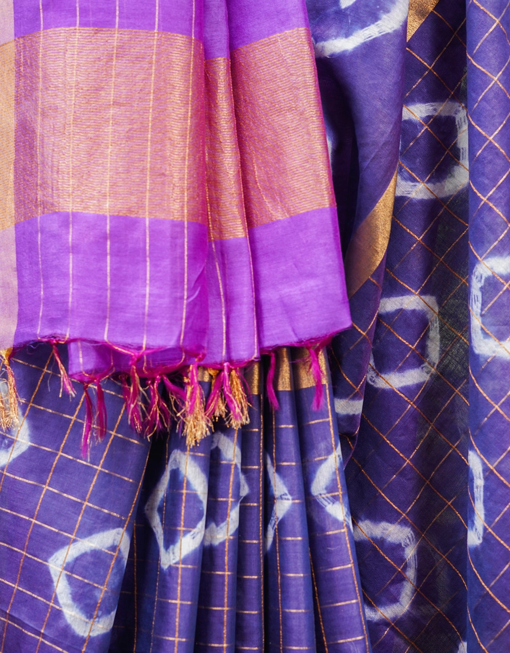Indigo Blue Cotton Silk Saree With Lilac Purple Contrast Pallu - View 3