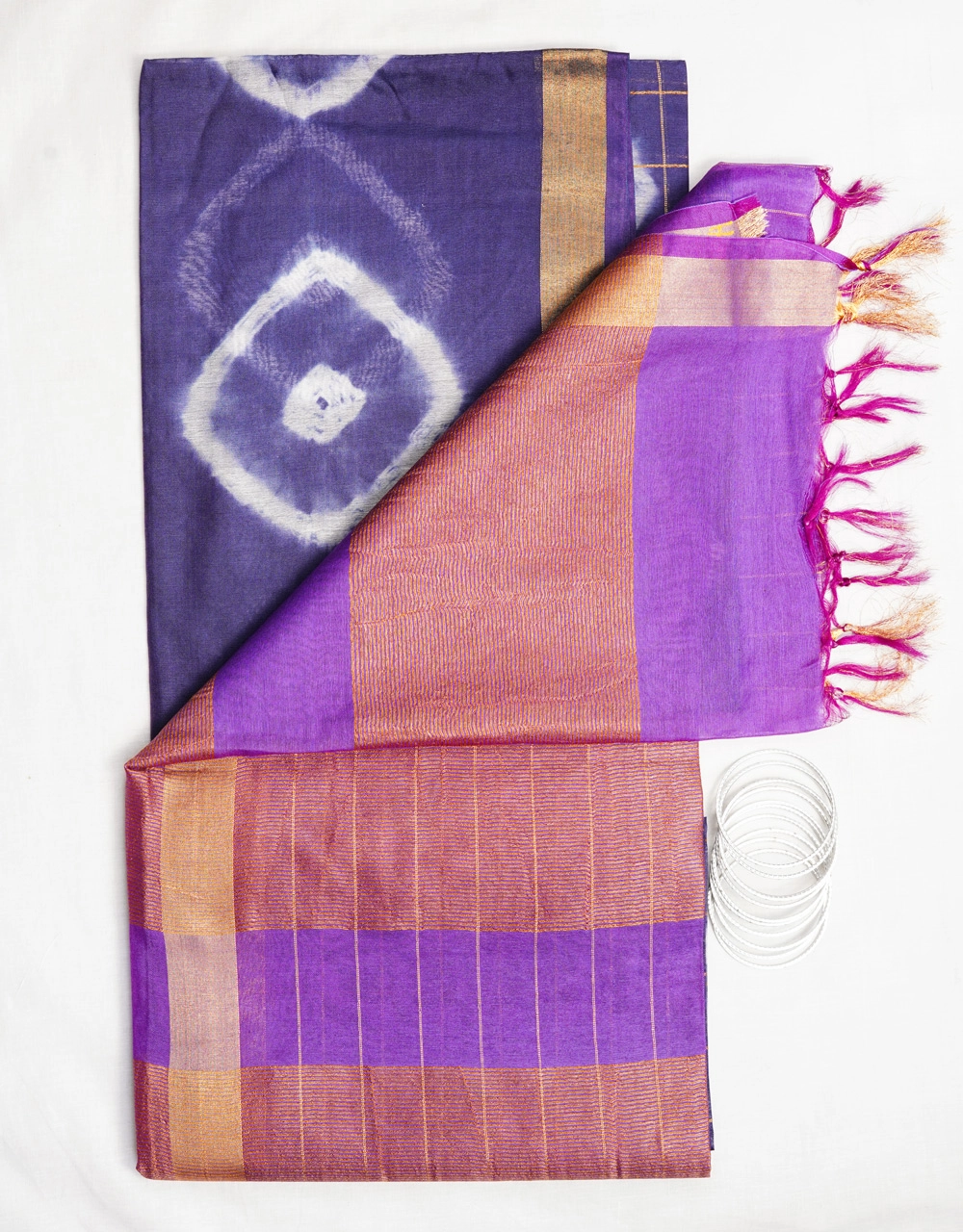 Hovered view of Indigo Blue Cotton Silk Saree With Lilac Purple Contrast Pallu