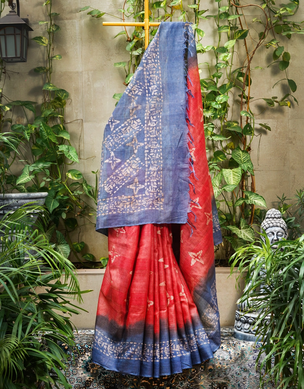 Red Cotton With Pallu Indigo Blue Cotton Silk Saree With Natural Dye