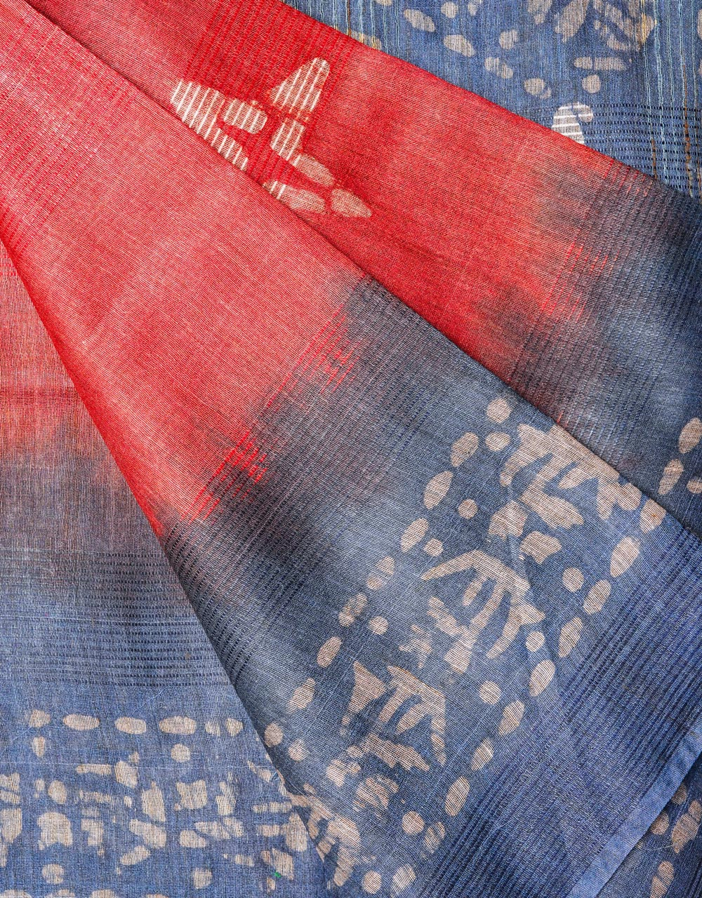 Red Cotton With Pallu Indigo Blue Cotton Silk Saree With Natural Dye - View 3