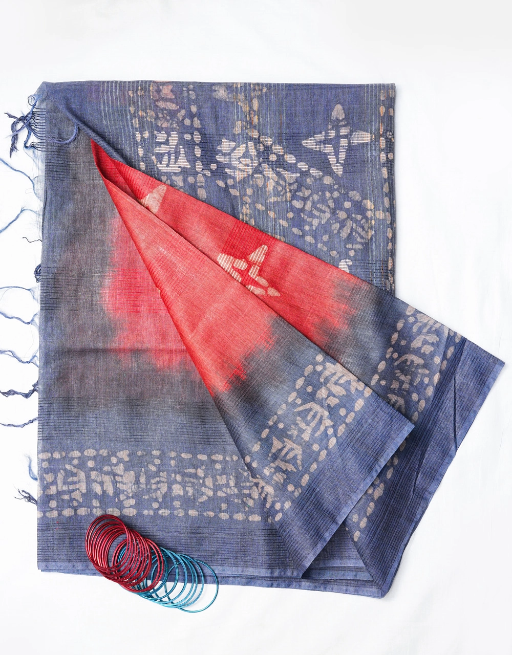 Hovered view of Red Cotton With Pallu Indigo Blue Cotton Silk Saree With Natural Dye