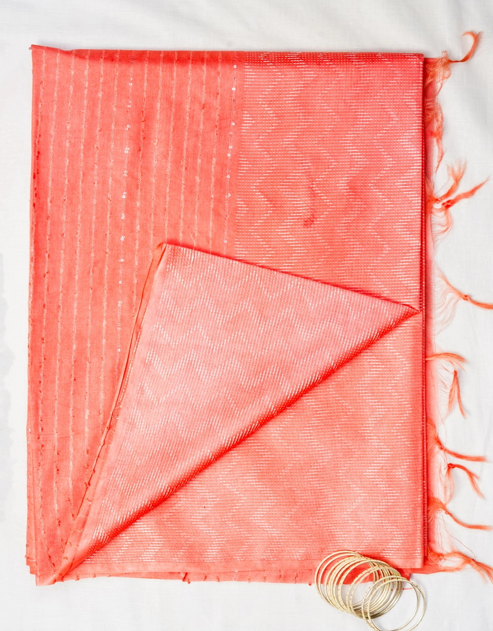 Hovered image of Coral Peach Tone Pure Cotton Silk Saree