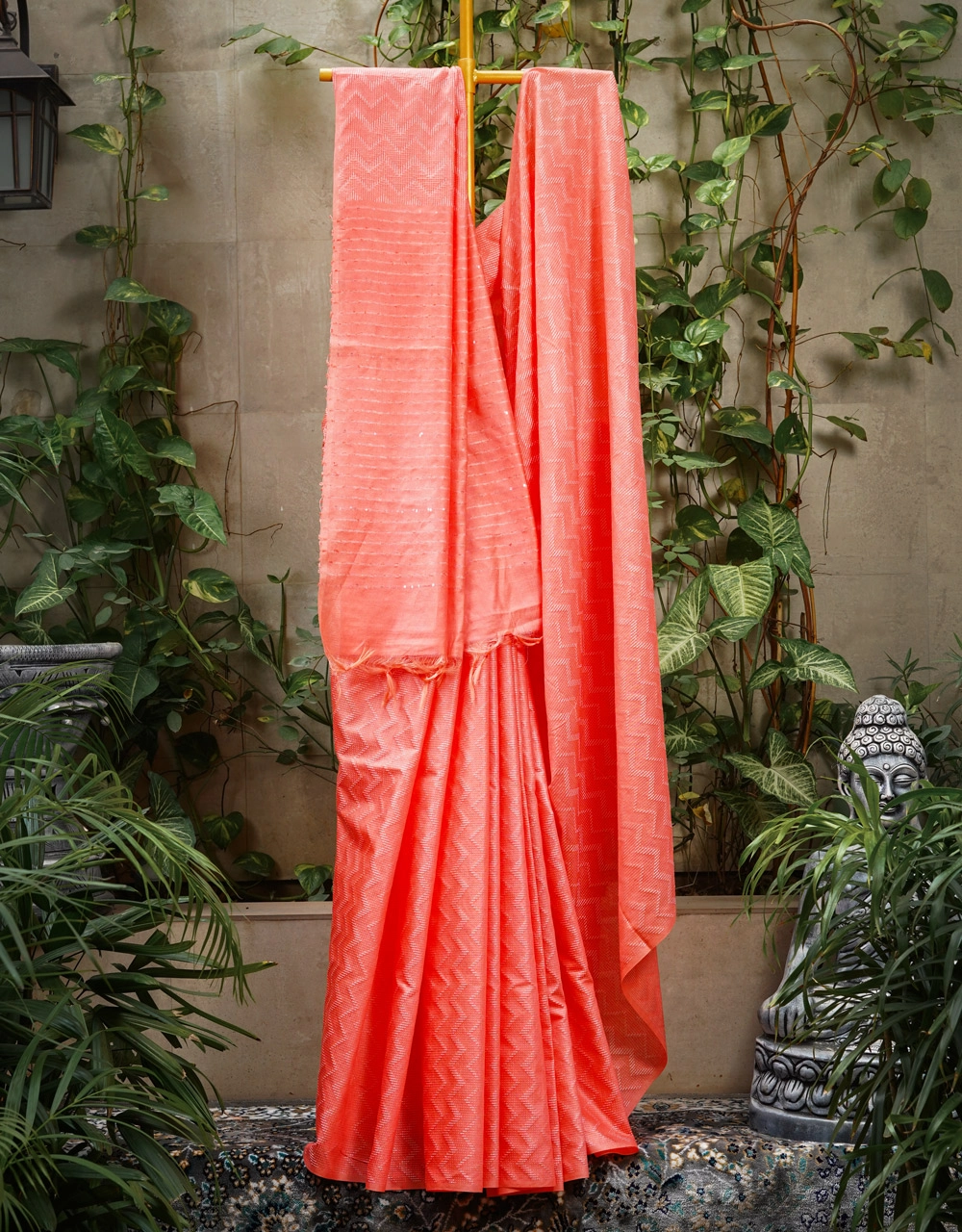 Coral Peach Tone Pure Cotton Silk Saree