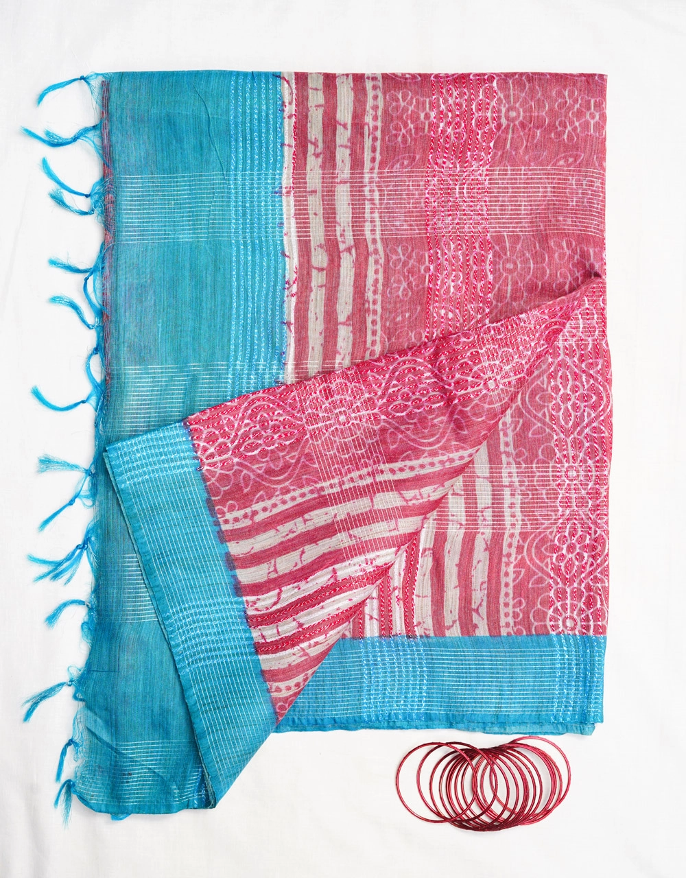 Off White And Rose Pink Printed Cotton Silk Saree With Turquoise Blue Pallu