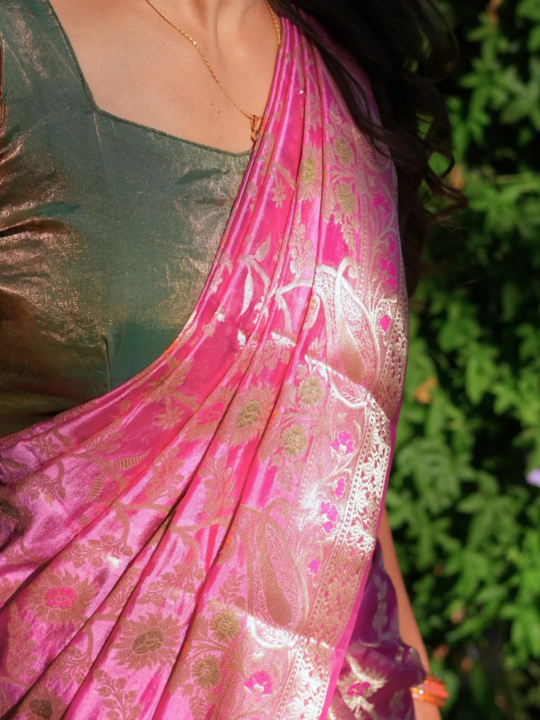 Pink Blossom Banarasi Dupion Silk Saree front view