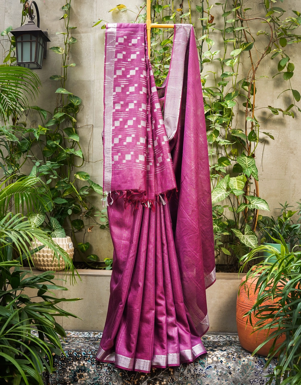 Magenta Deep Cotton Silk Saree With Silver Grey Contrast Pallu