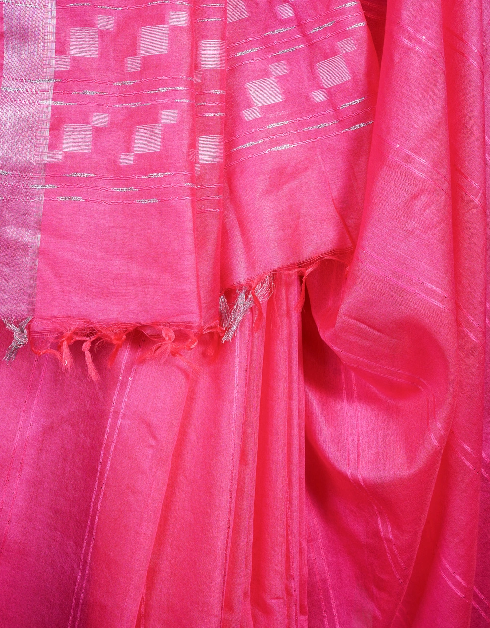 Pink Cotton Silk Saree With Geometric Buta Pallu And Silver Zari Border - View 4