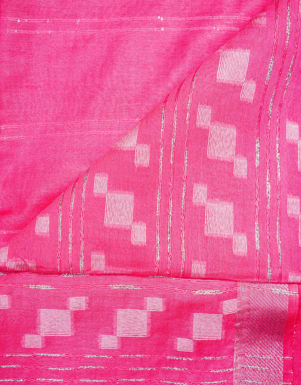 Pink Cotton Silk Saree With Geometric Buta Pallu And Silver Zari Border - View 3