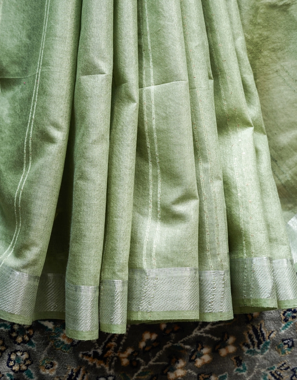 Green Sage Cotton Silk Saree With Geometric Buti Pallu - View 5