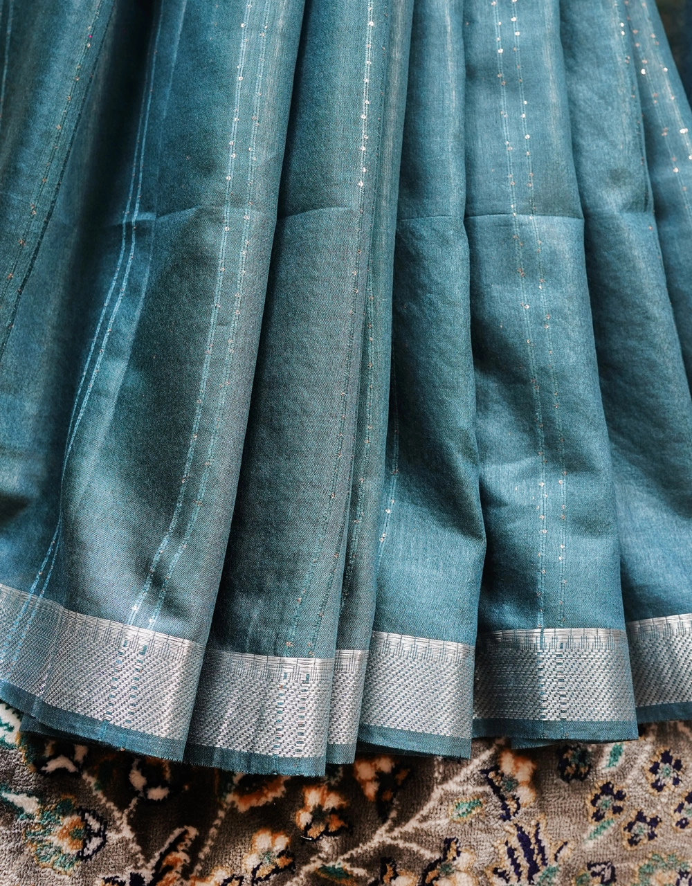 Blue Cotton Silk Saree With Silver Zari Geometric Square Pallu - View 5