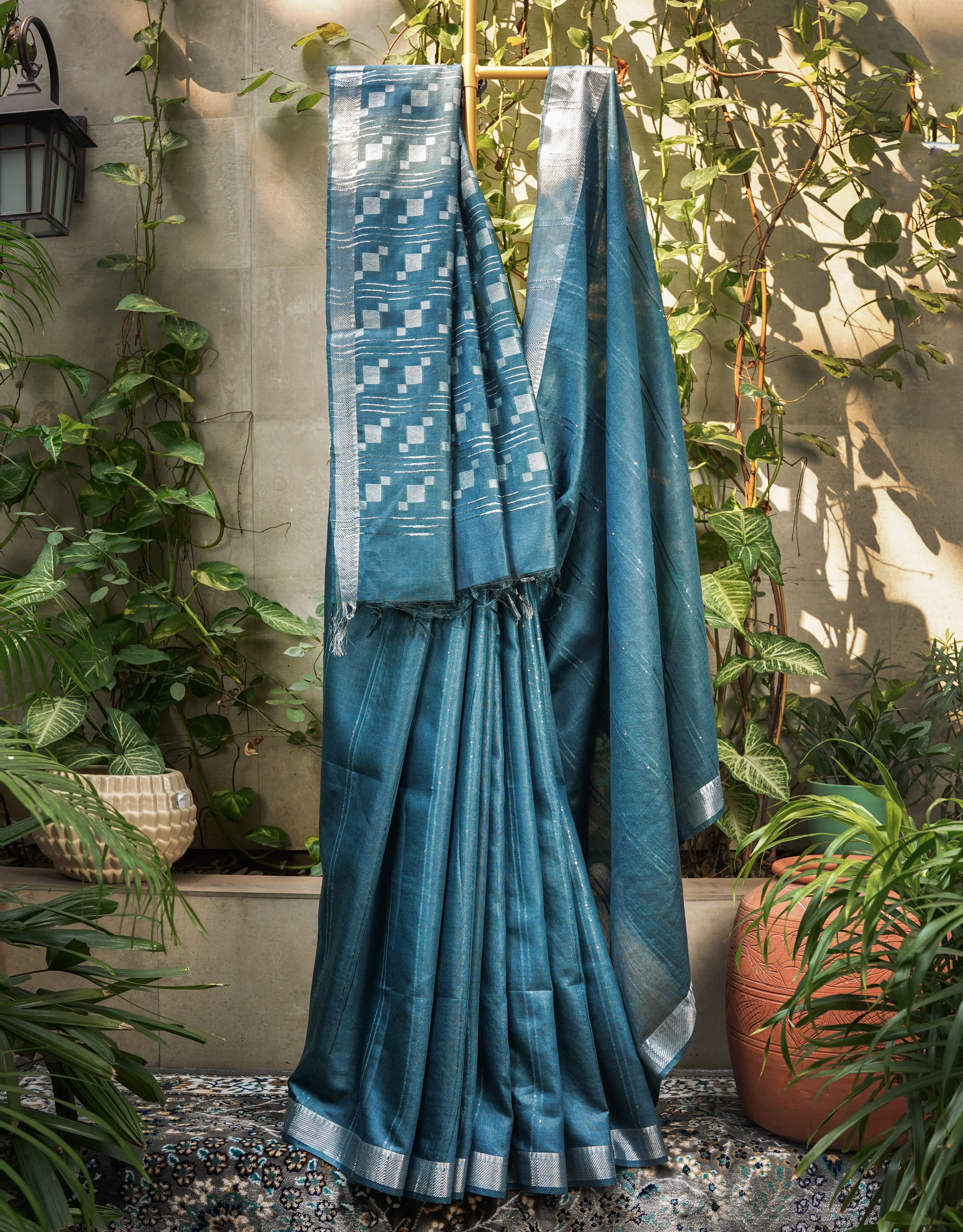 Blue Cotton Silk Saree With Silver Zari Geometric Square Pallu