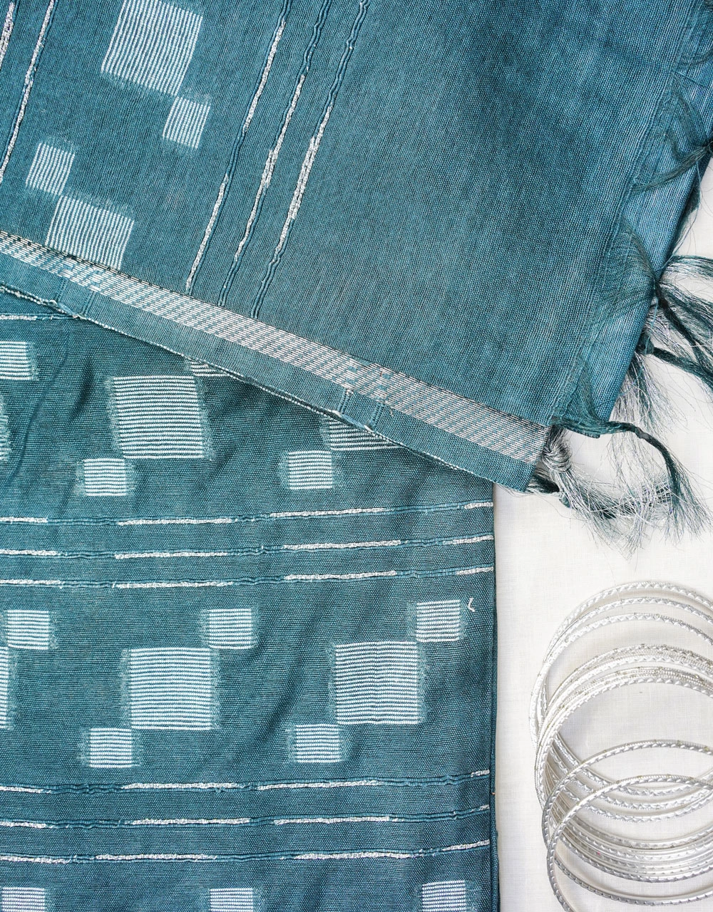 Blue Cotton Silk Saree With Silver Zari Geometric Square Pallu - View 3