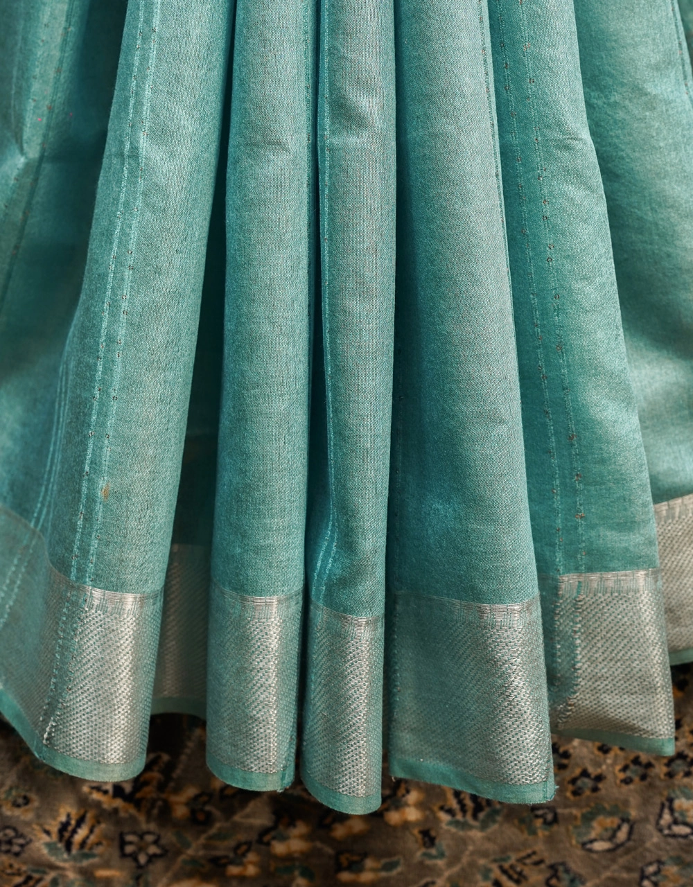 Green With Silver Square Buti Pallu Cotton Silk Saree - View 5