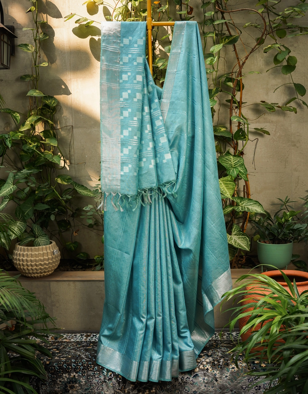 Green With Silver Square Buti Pallu Cotton Silk Saree