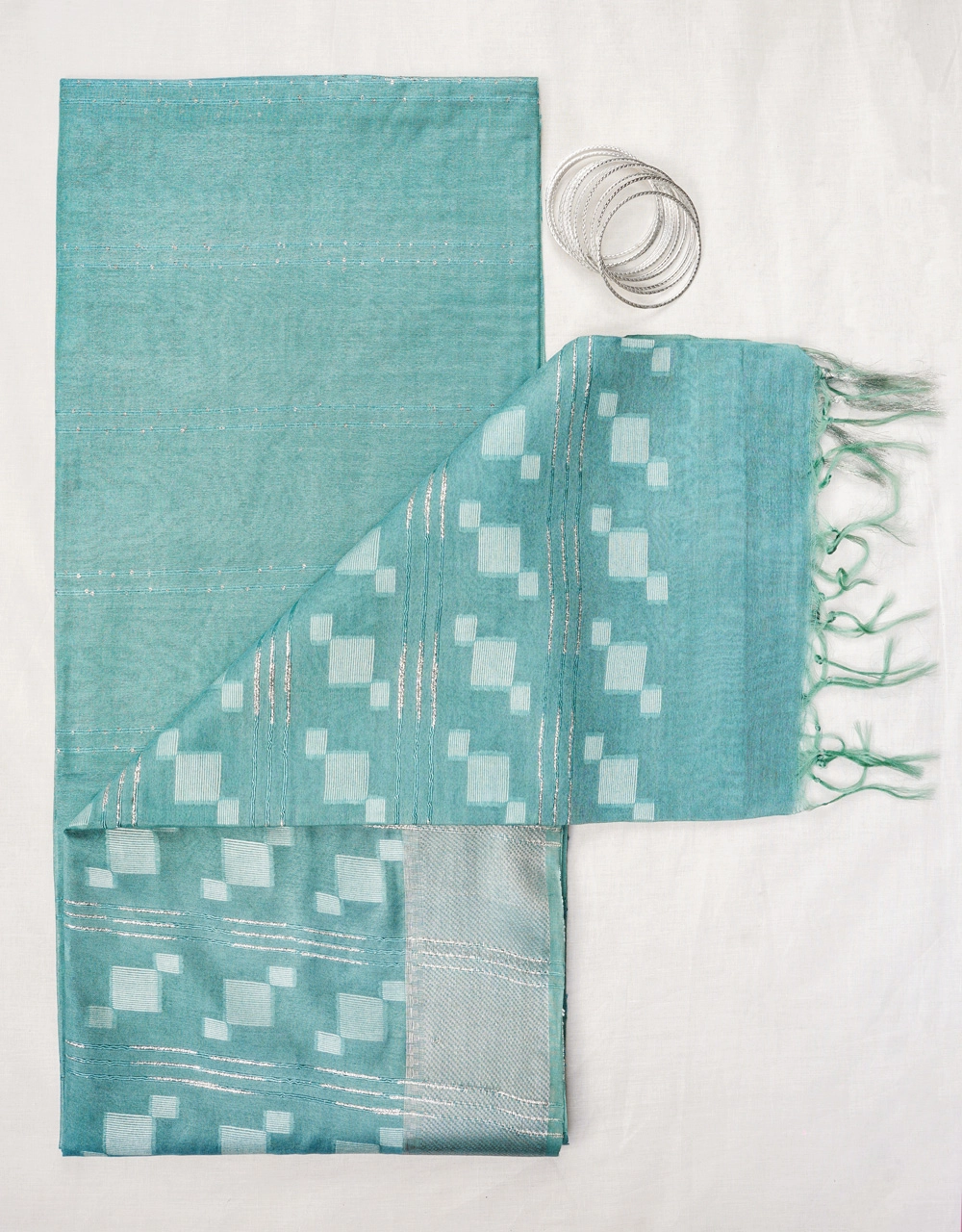 Hovered view of Green With Silver Square Buti Pallu Cotton Silk Saree