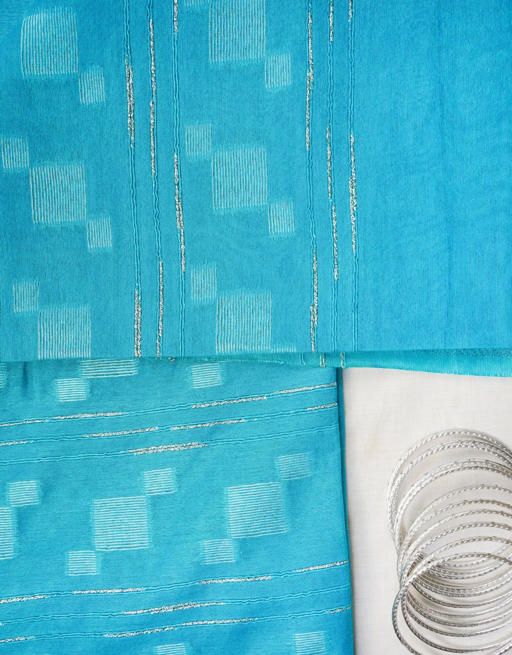 Blue Cotton Silk Saree With Silver Geometric Butta Pallu - View 3