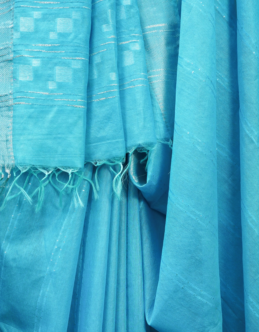 Blue Cotton Silk Saree With Silver Geometric Butta Pallu - View 4