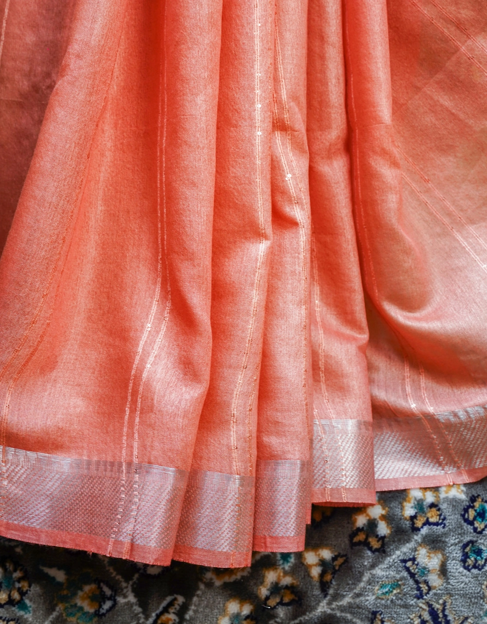 Coral Peach With Silver Zari Pure Cotton Silk Saree - View 5