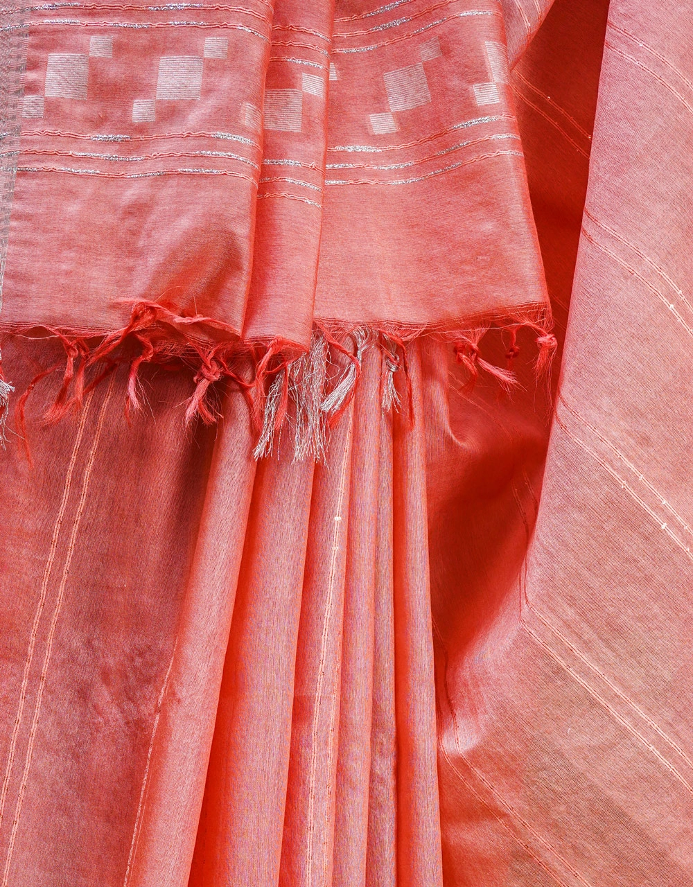Coral Peach With Silver Zari Pure Cotton Silk Saree - View 4