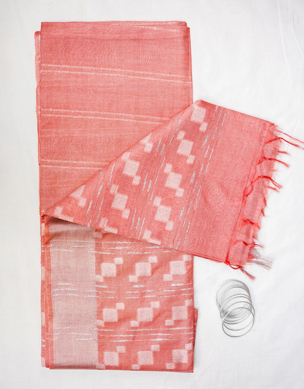 Hovered view of Coral Peach With Silver Zari Pure Cotton Silk Saree