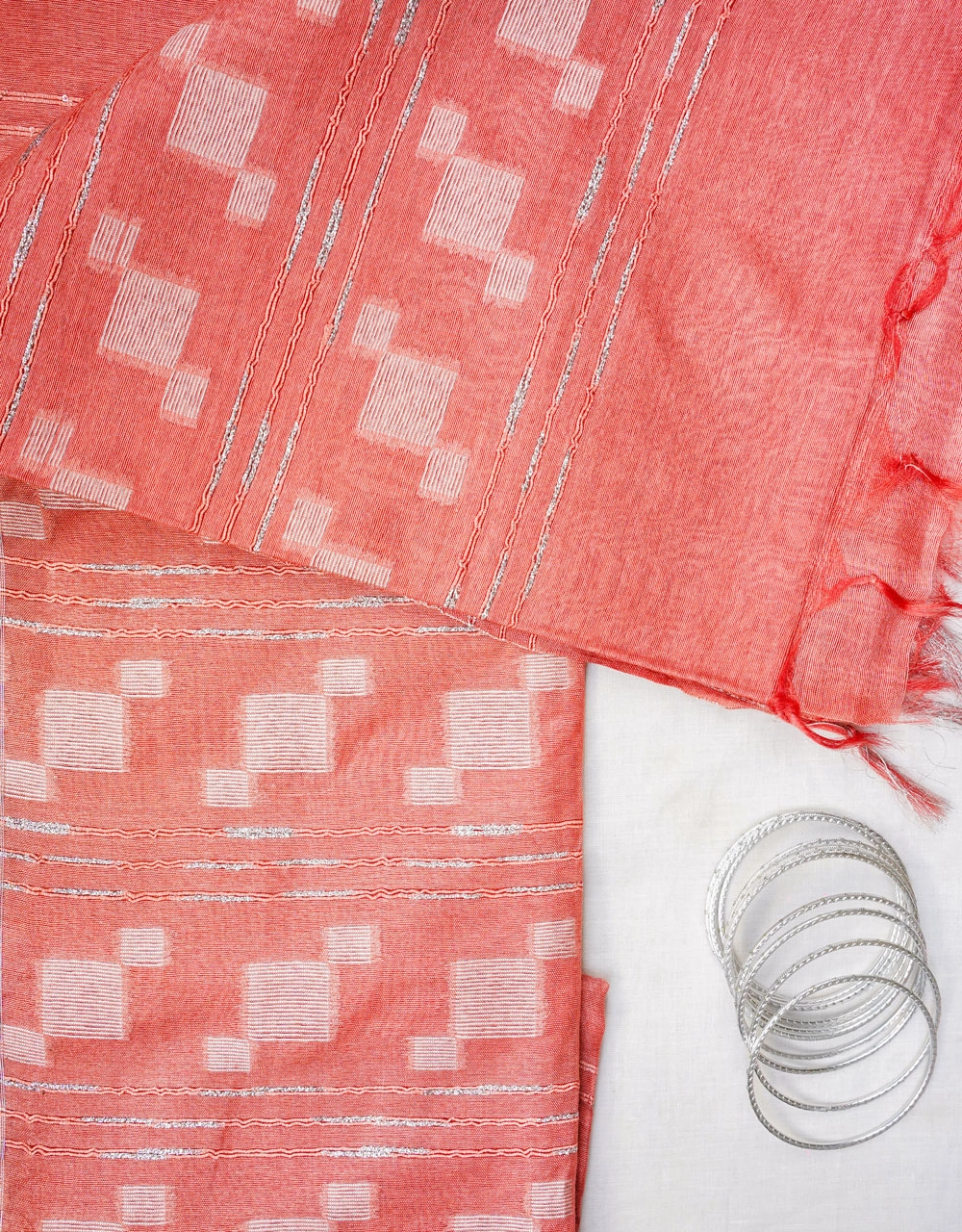 Coral Peach With Silver Zari Pure Cotton Silk Saree - View 3